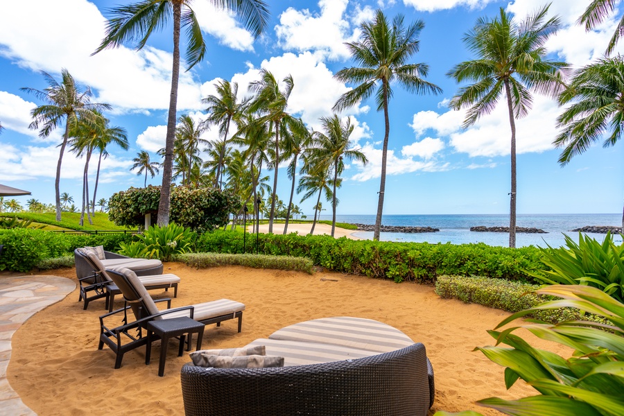 Set up on the sand where the lagoon opens to the sea.