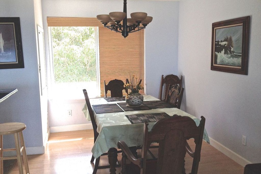 Dining area with table for six.