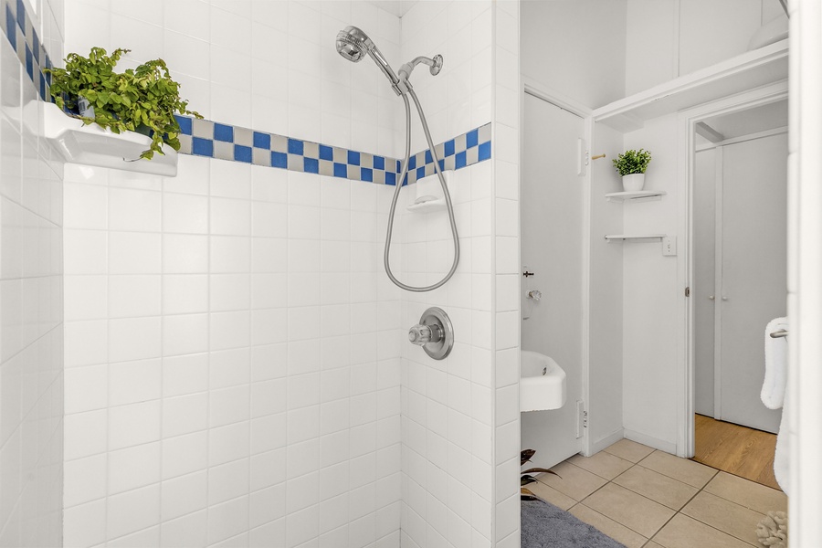 Guest bathroom shower with fun patterned tile