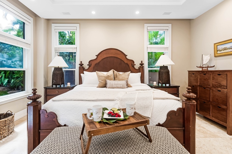 Guest suite with classic wood furnishings and peaceful ambiance.