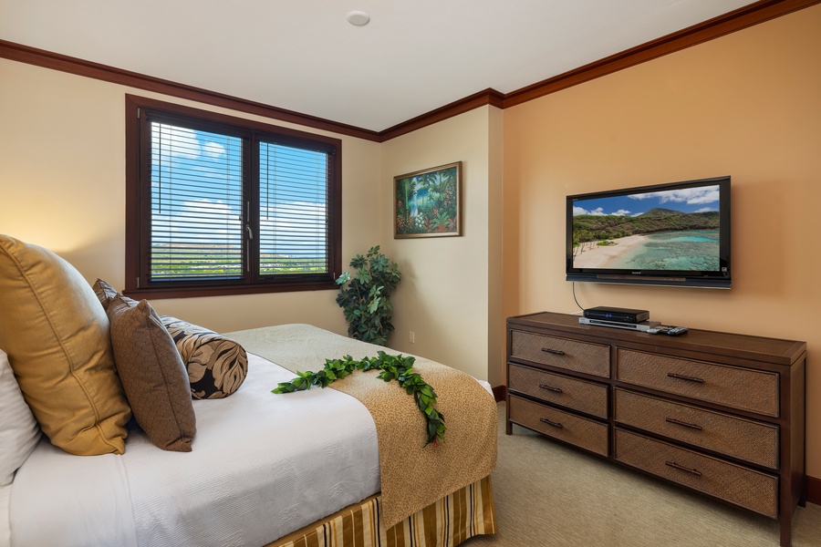 The primary guest bedroom has a TV, natural lighting and plenty of storage.