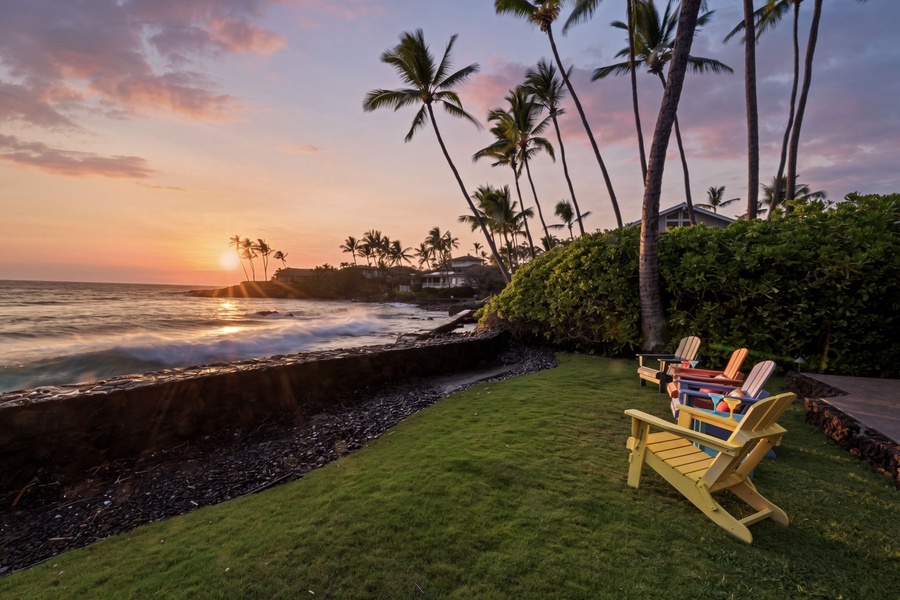 Settle in at sunset, with swaying palms and the ocean glowing just ahead.