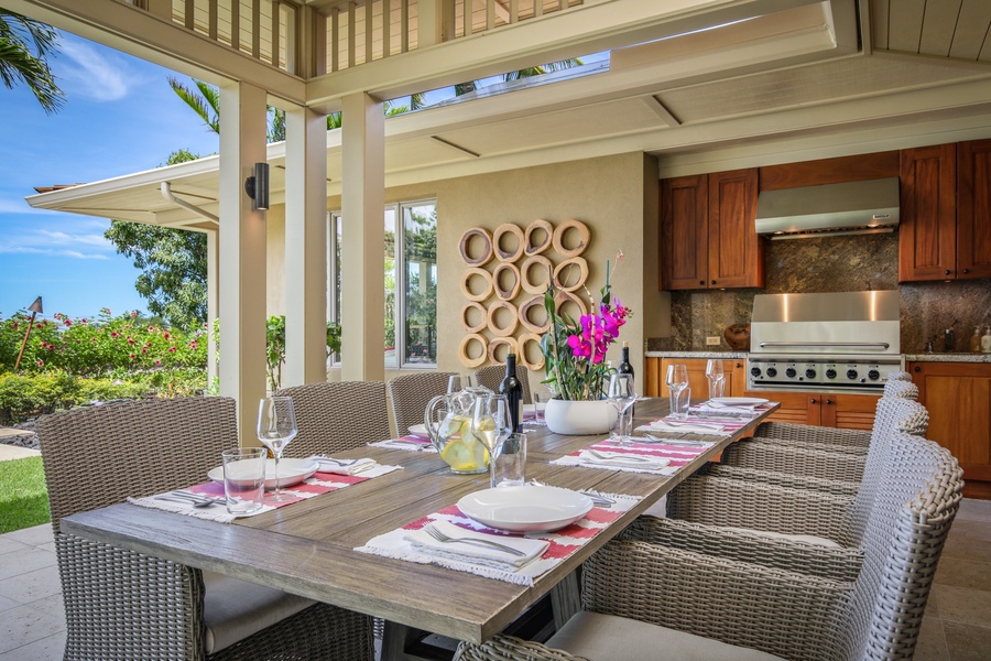 Stylish and modern al fresco dining with ocean views, BBQ grill.