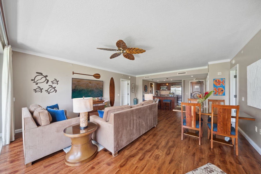 Unwind in the cozy lounge at Honua Kai Konea 204, where coastal elegance meets everyday comfort and ease.