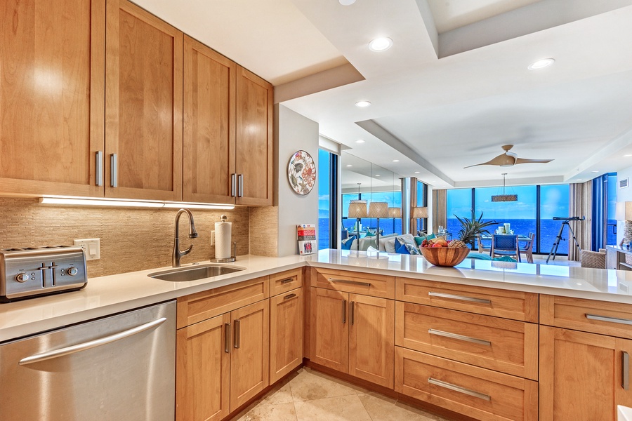 Wide counters and sleek appliances make cooking a breeze at Mahana 1119.