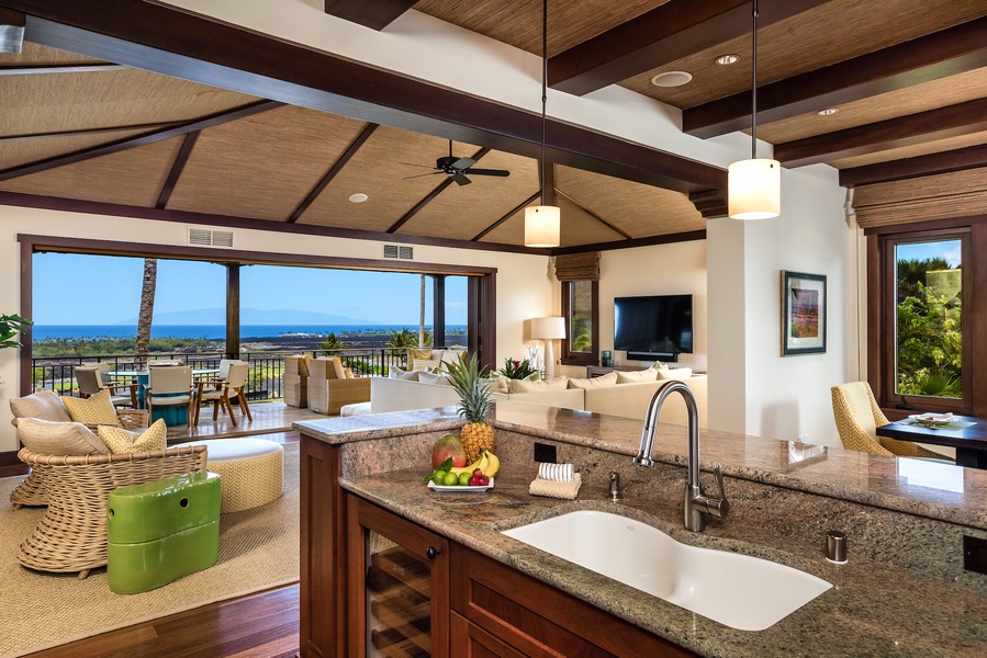This modern kitchen is a chef's dream. Fully stocked with ocean views.