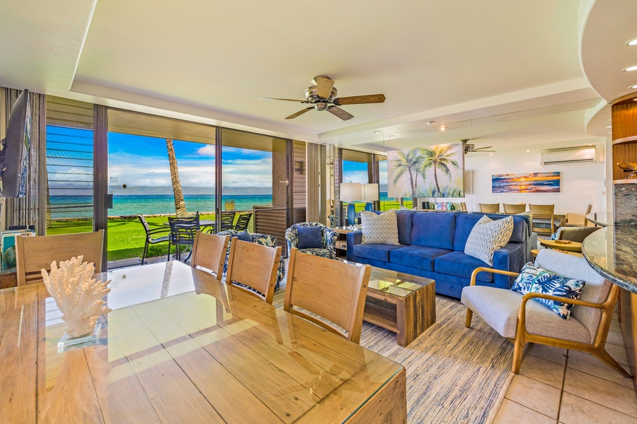 Dining area with ocean views, offering a perfect setting for enjoying meals with a picturesque backdrop