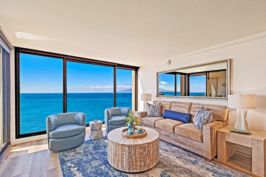 Savor panoramic ocean views from Mahana 1118’s cozy and stylish living space.