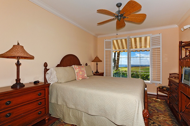 The primary guest bedroom featuring a television and a view.