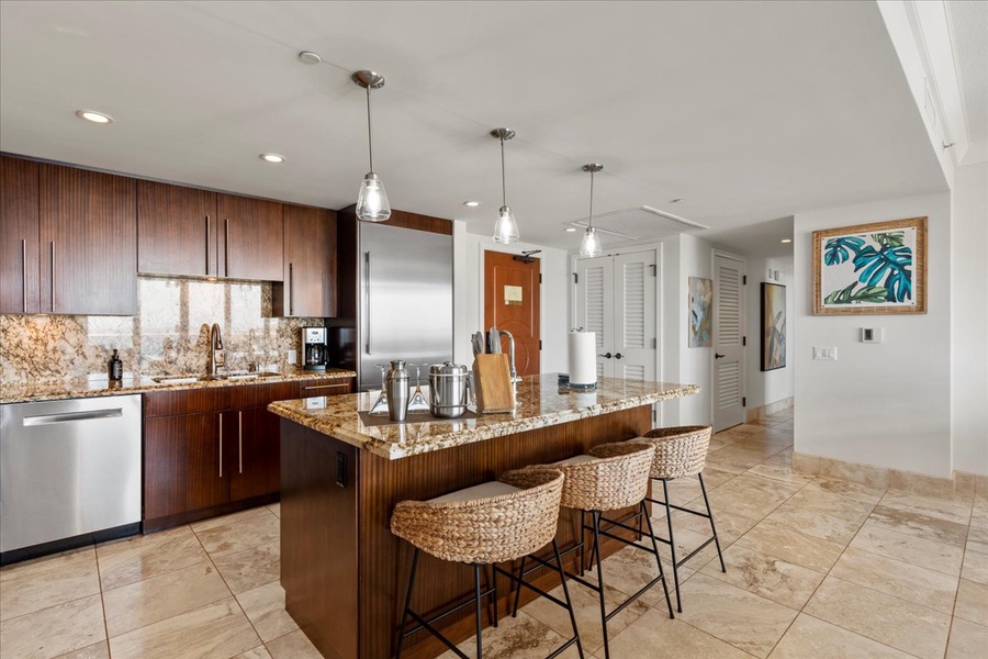 Enjoy casual dining at the kitchen island with stylish bar seating.