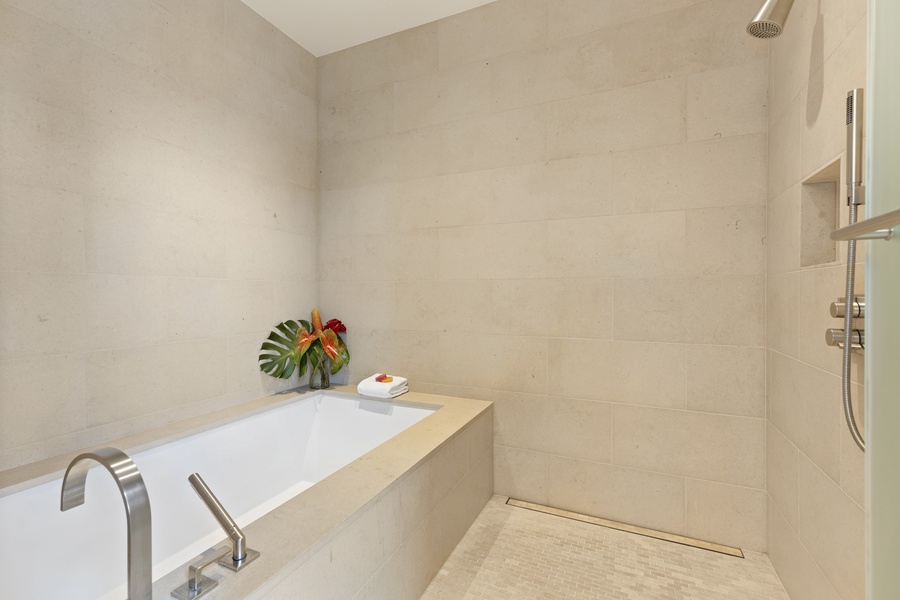 The ensuite is also equipped with a soaking tub