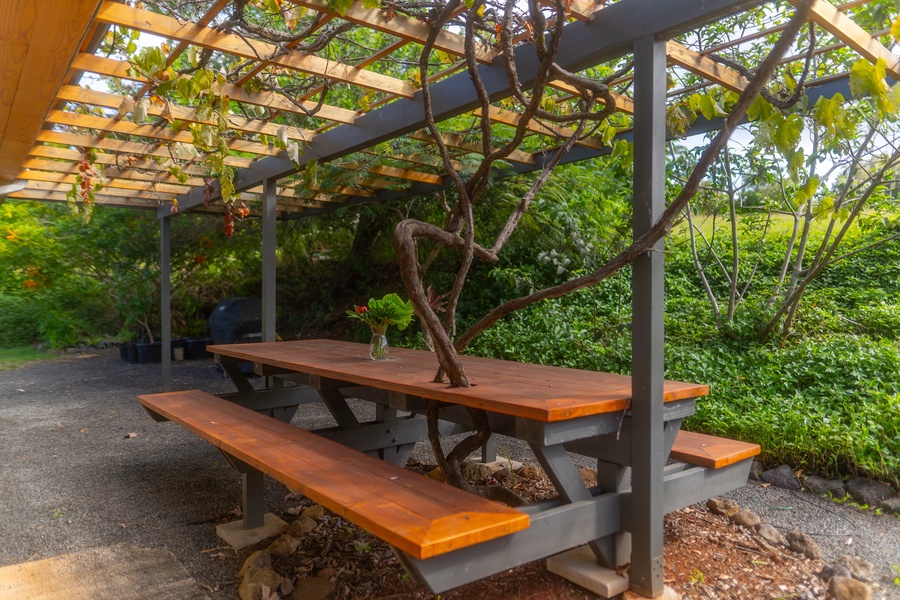 Outdoor picnic area with a rustic wooden table and bench seating for 8, shaded by a charming pergola.