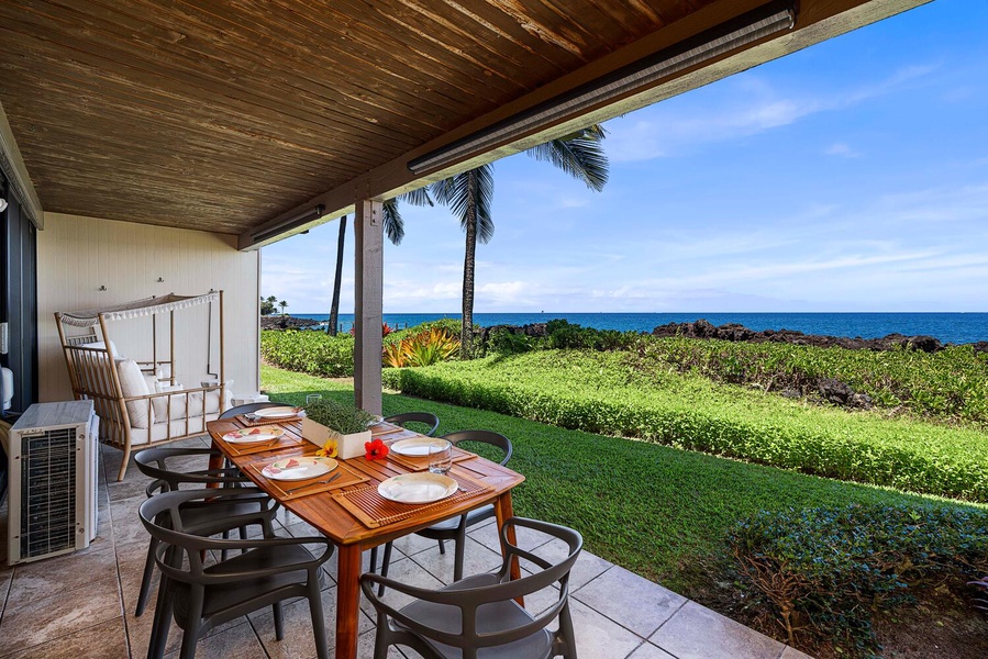 Savor al-fresco dining at the lanai, where the gentle breeze complements every bite under the starlit sky.