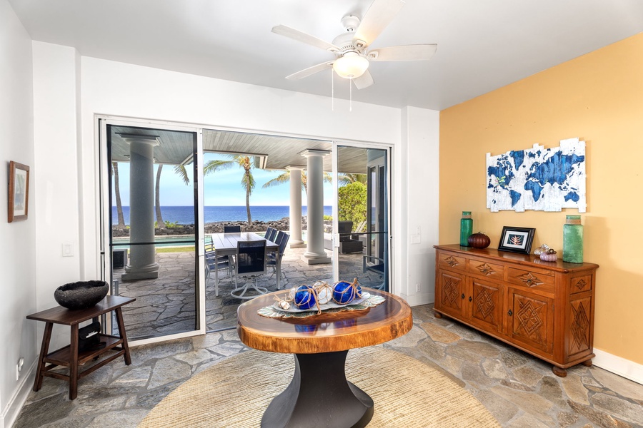 Ocean views enhance every meal from this round dining nook just off the kitchen.