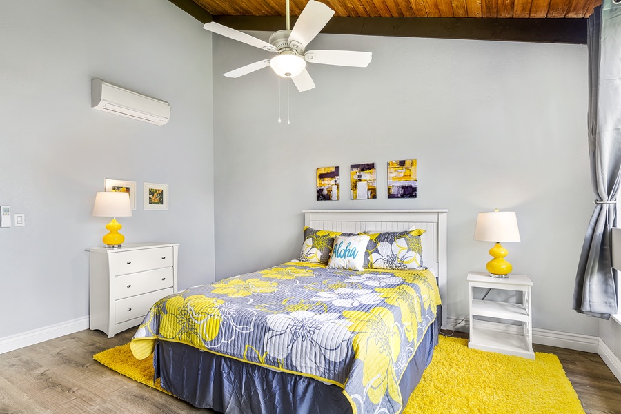 The bedroom is a reminder of the state flower, the Yellow Hibiscus