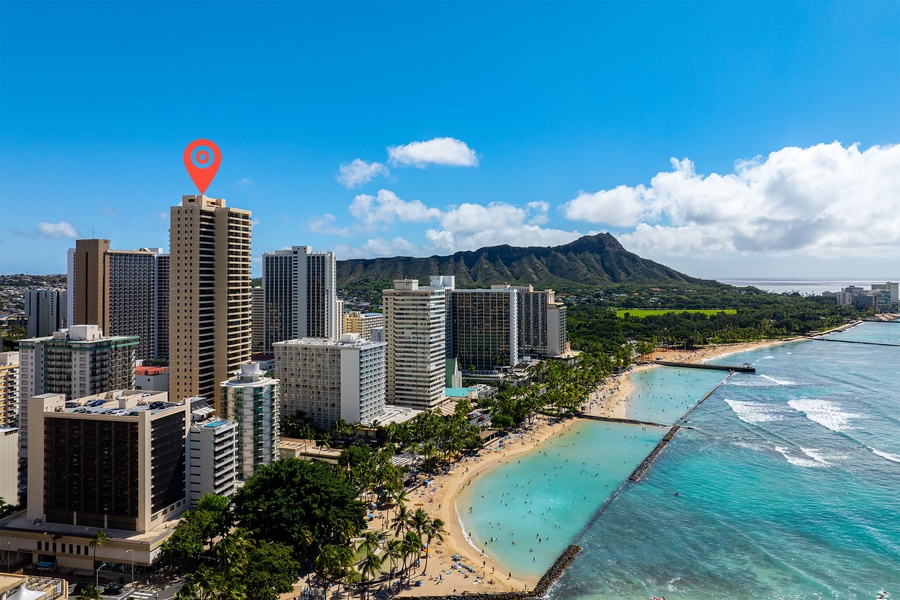 Experience a prime location just steps from Waikiki Beach, with stunning views all around.