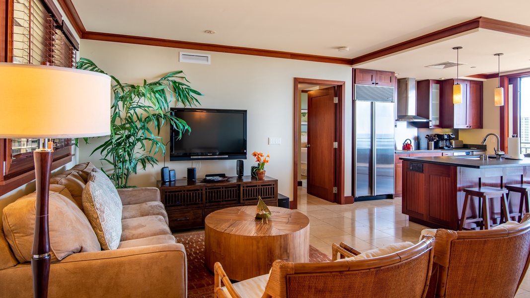 Relax during movie night or curl up with a good book in this comfortable living area.