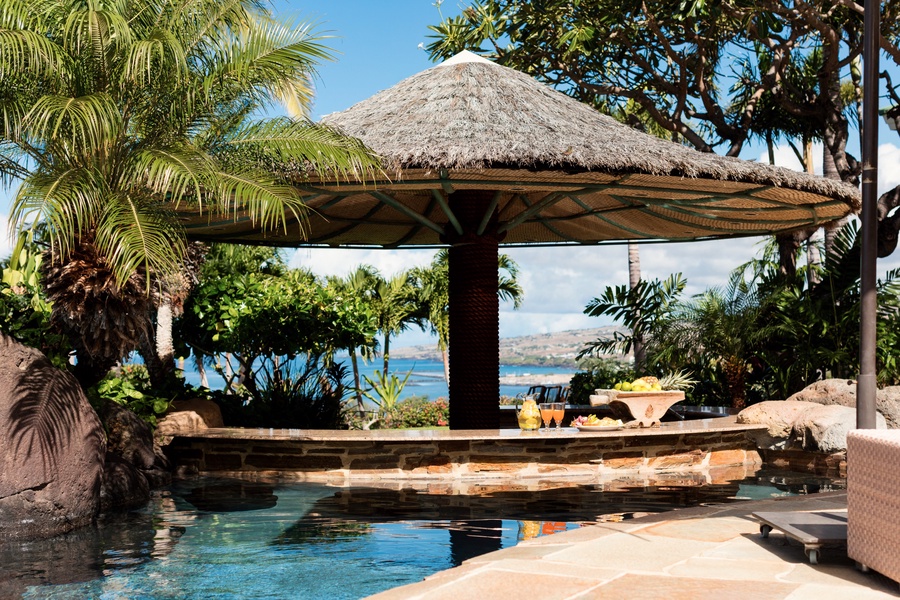 Swim-up palapa bar with submerged lava rock stools and view to ocean.