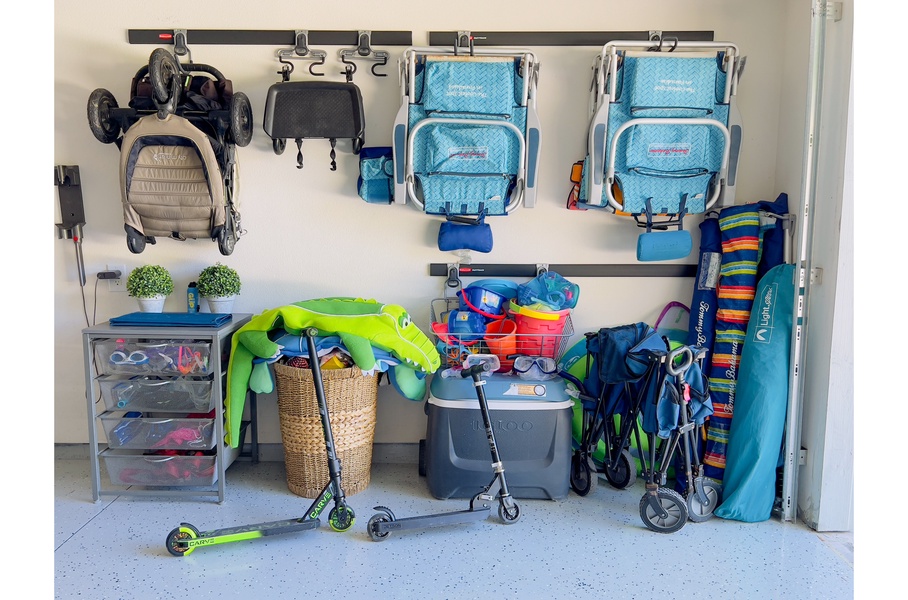 Beach gear is stored in the garage for you to use