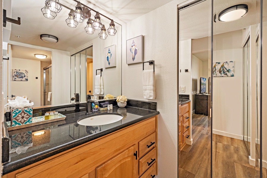 The bathroom features a sleek vanity with ample storage and a large mirror.