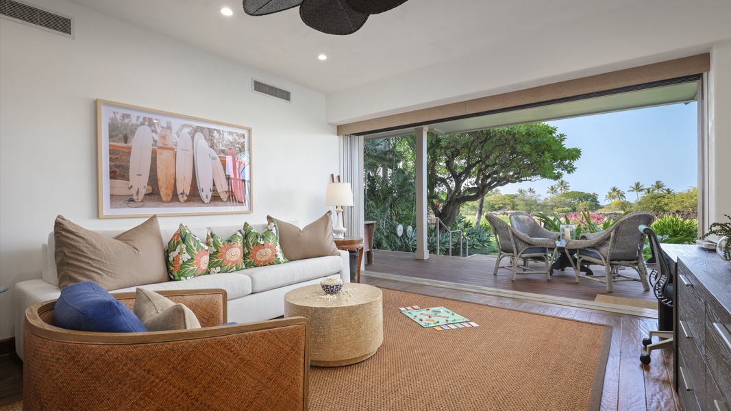 The primary suite is conveniently located right off this family den.