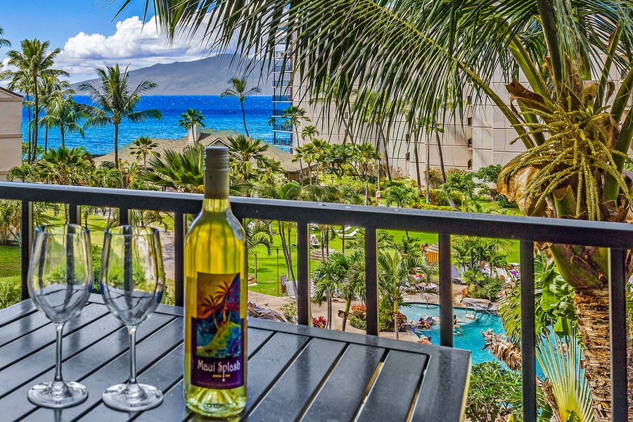 Savor wine on the lanai at Kaanapali Shores 544 with tropical views and ocean breezes.