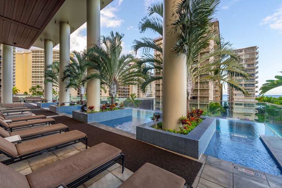 Relax by the poolside, surrounded by lush palm trees and tropical elegance.