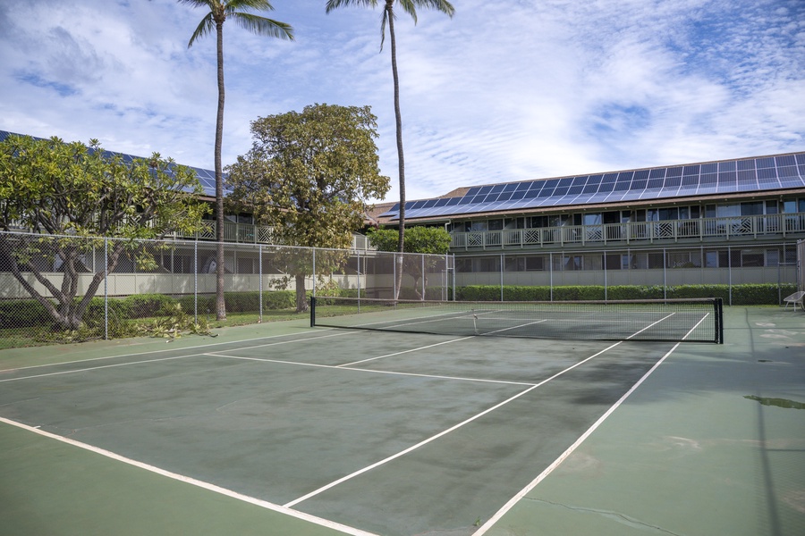 Full-size tennis court surrounded by tropical palms and resort buildings.