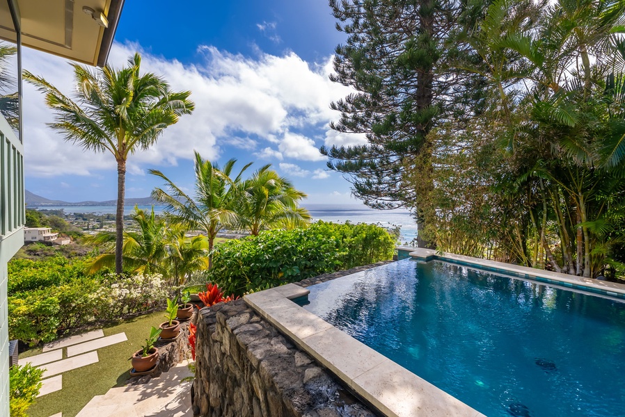 Infinity-edge pool appears to flow into the Pacific, with panoramic views and swaying palms.