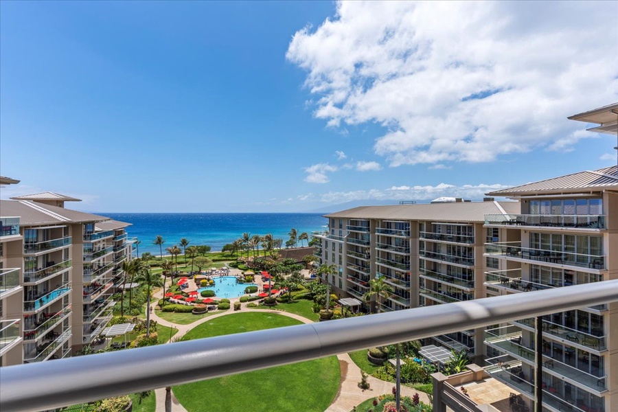 Enjoy stunning ocean views from the lanai, overlooking the resort’s lush grounds and sparkling pools.