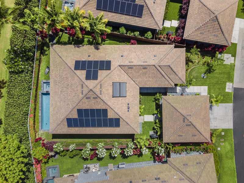 Aerial views of the home featuring solar panels as we attempt to lessen our carbon foot print