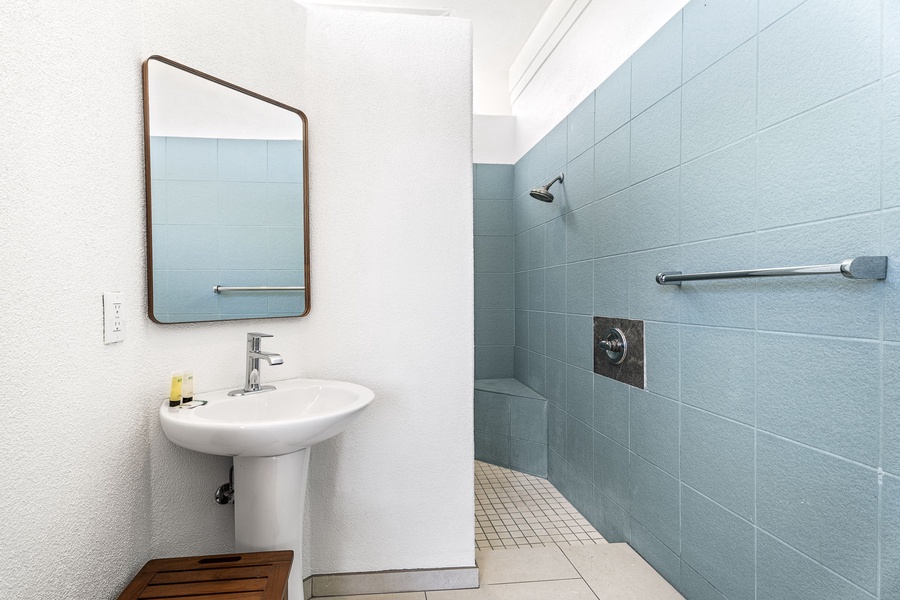 Modern minimalist guest bath with oversized walk-in shower, perfect for both quick rinses and long, restorative moments.