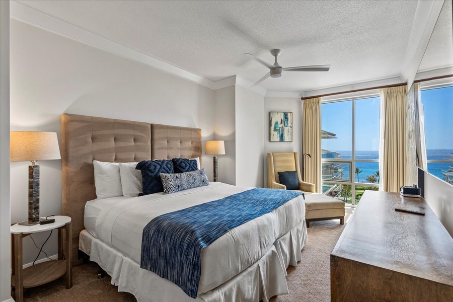 Serene bedroom retreat at Honua Kai Hokulani 825 with breathtaking ocean views.