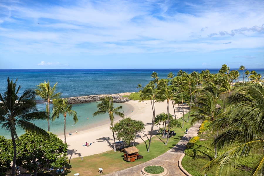 The lagoon and beach as seen from the room's lanai.