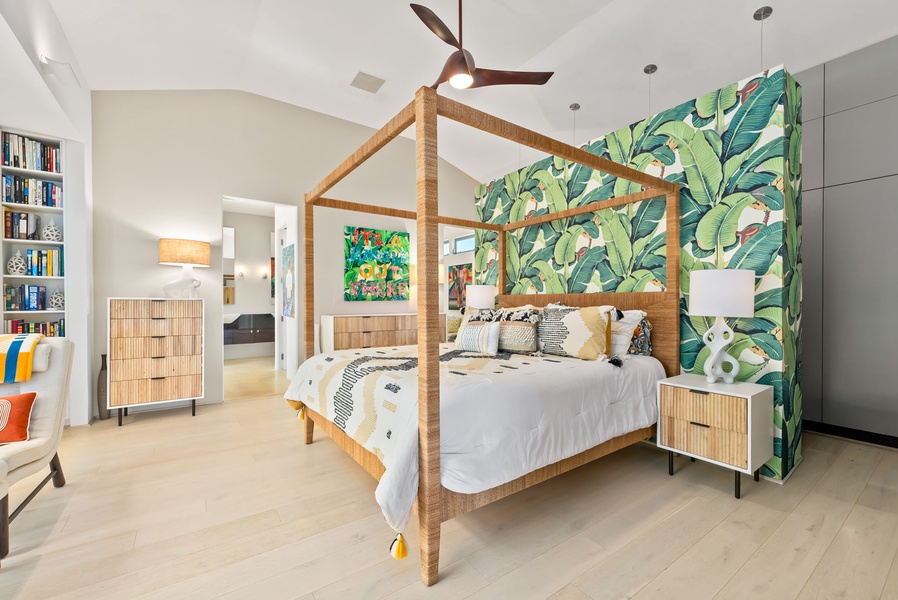 Relax in this serene retreat filled with island colors and natural warmth.