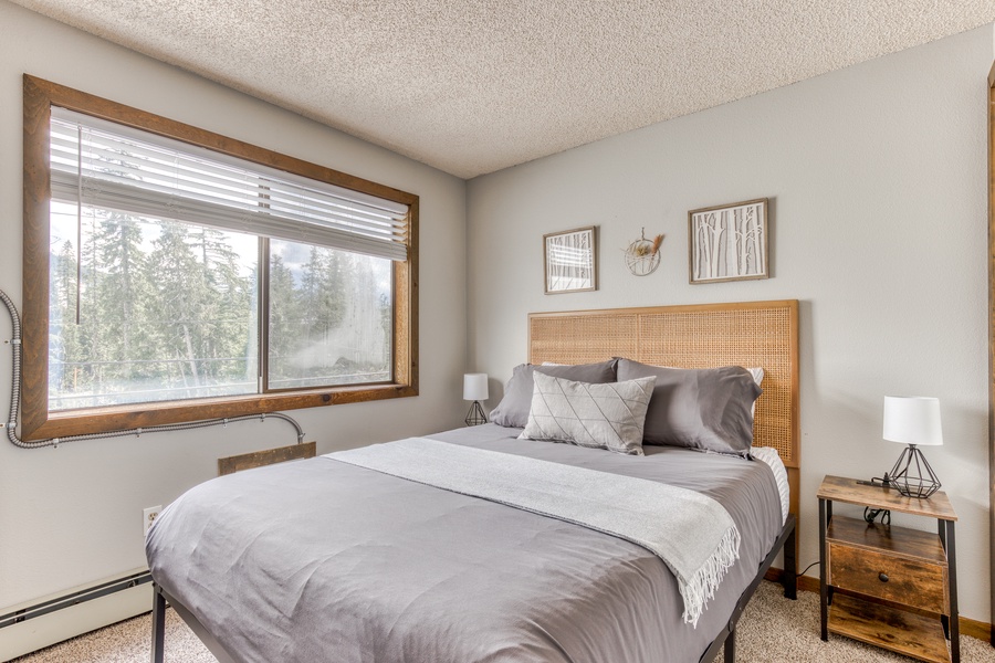 The Primary bedroom includes a plush queen bed, a large closet, and luscious mountain views outside