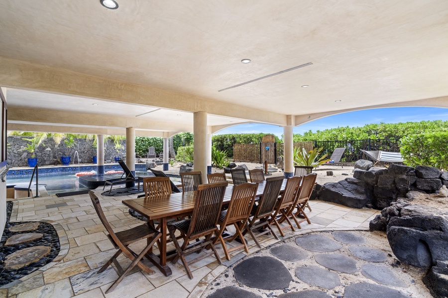 Alternate angle of alfresco dining area—great for BBQ feasts or sunset dinners with the entire group.