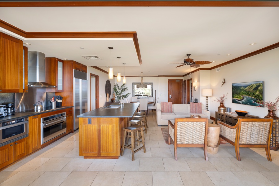Spacious layout with kitchen, dining, and living room in one open plan.
