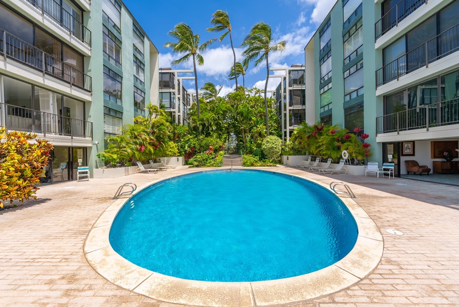 The community pool area looking towards the garden.