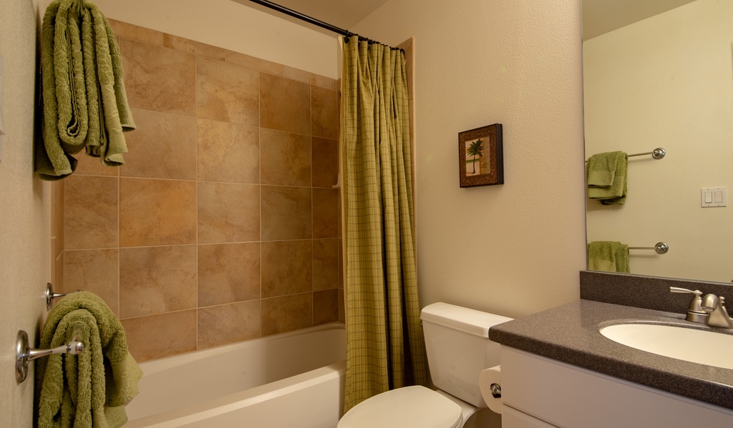 The second guest bathroom features a shower and tub combo.