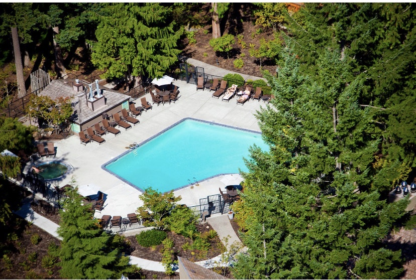 Aerial view of the community pool at Mt Hood Oregon Resort which you'll have access to