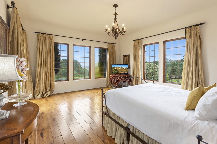 Downstairs Guest Bedroom with Queen Bed, gorgeous views and access to front yard garden
