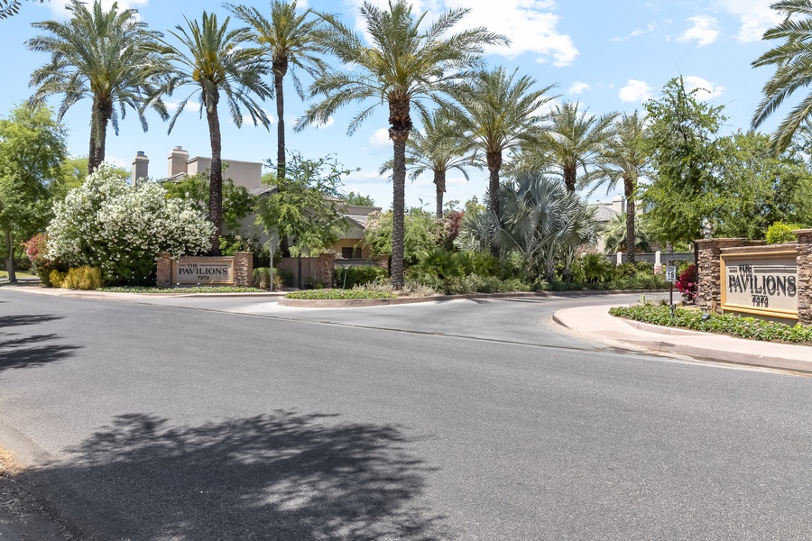 Beautiful palm trees adorn the driveway