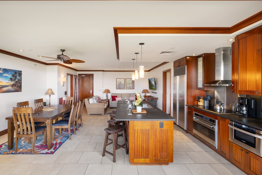 Seamless flow between the kitchen, living and dining areas.