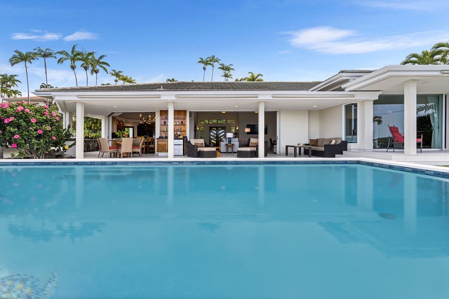 Infinity-edge pool framed by palm trees and panoramic views of the Kona coastline.