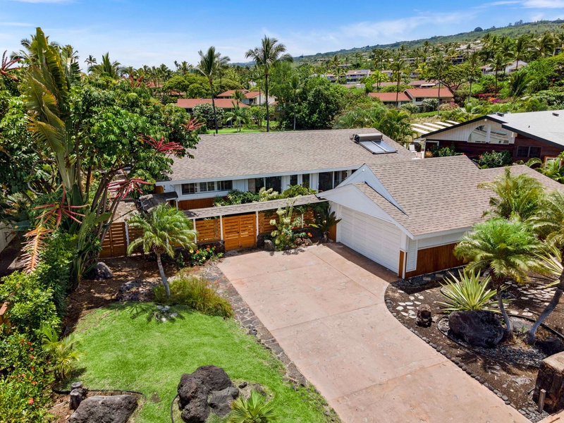 The drive and grounds open up from above, palms shading the approach.