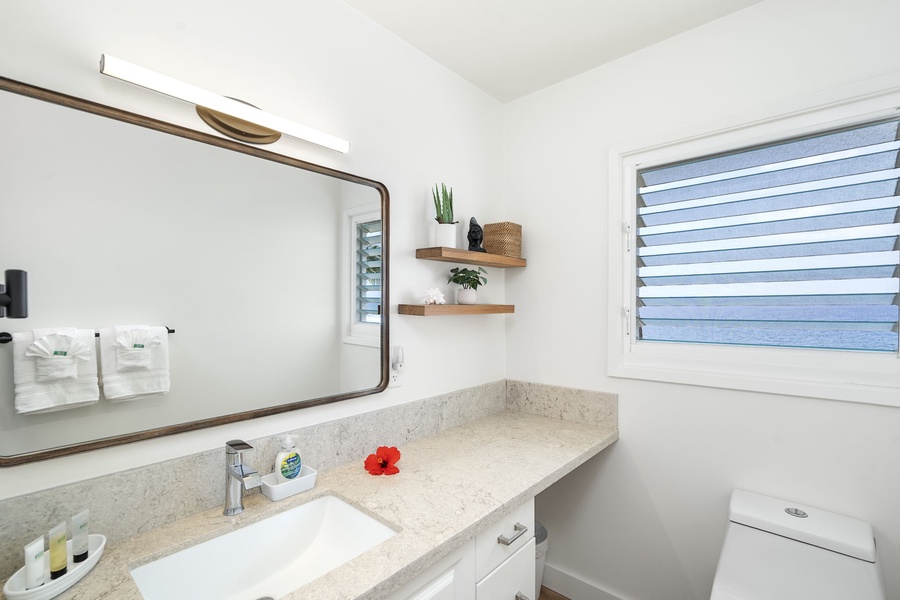Bright and modern upstairs bathroom with quartz counters, perfect for a refreshing start to your day.