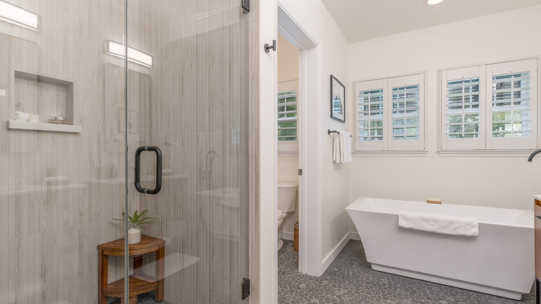 The primary guest bathroom with a shower and elegant soaking tub.