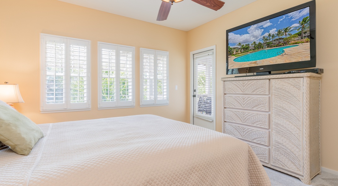 The primary guest bedroom with lanai access and a TV.