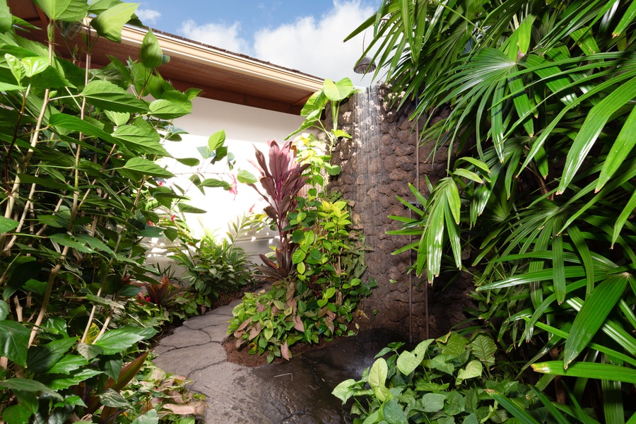 Primary suite garden shower- a tropical treat!